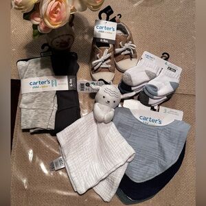 Carter's baby bundle with shoes sz6-9m,socks 6-12m,pants sz 6-9m, 3pk bibs & toy